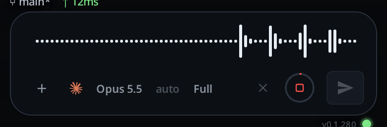Recording into an empty box: the strip where the composer's text line was, the mic a red stop button inside a ring, the cancel × to its left.