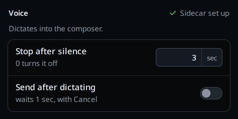 The cog's Voice group: "Sidecar set up" at the right of the title, and the Stop after silence row reading 3 sec.