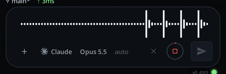 The message box while recording: a strip of bars where the text goes, a red stop button inside a ring, and a cross to throw the recording away.